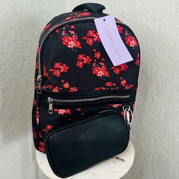 Madden Girl Mini Backpack & Pouch Bag, Lightweight, Black Red‎ Floral, NWT - Picture 7 of 14